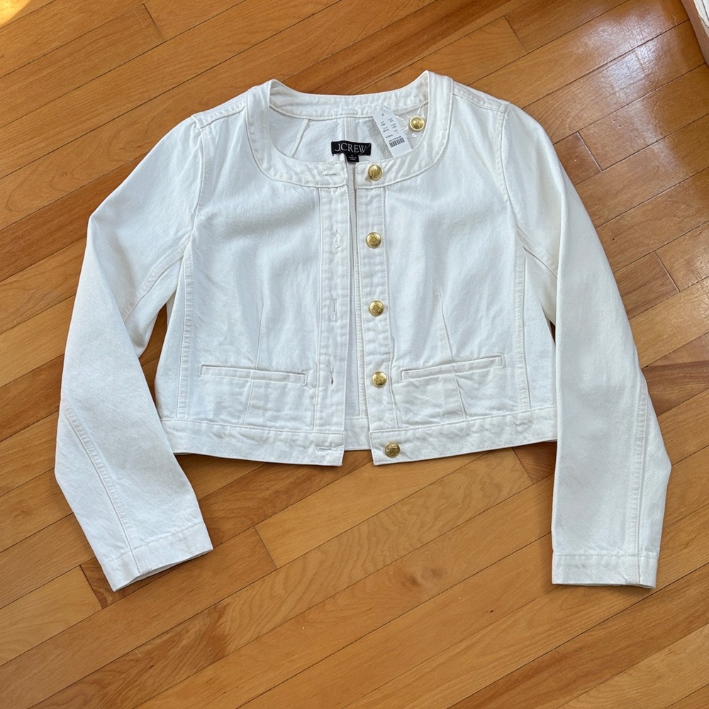 J. Crew white denim Cropped Jacket with Brass Accents